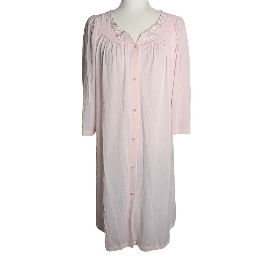 Miss Elaine Floral Embroidered Nightgown S Pink Nylon Buttons Pocket 3/4 Sleeve